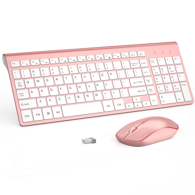 Clavier et Souris Sans Fil 2.4G – Ensemble Portable Full Size avec Pavé Numérique et Souris 2400 DPI – Design Ergonomique Rose pour PC, Ordinateur, Laptop et Gaming