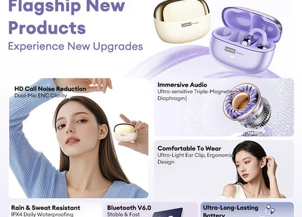 Casque Bluetooth Lenovo Pro LE3  : Réduction de Bruit Active, 25h d'Autonomie, Écouteurs Sport Clip Ear (IPX4, Bluetooth 6.0) - Gris/Violet/Beige/Rose