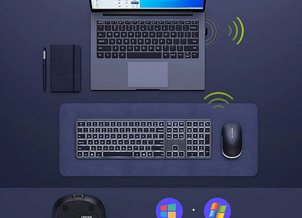 Clavier et Souris Sans Fil Rétroéclairés – Ensemble Slim 2.4G USB Rechargeable, Silencieux, Plein Format avec Pavé Numérique pour PC, Ordinateur Portable et Tablette