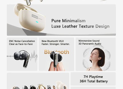 Lenovo Pro LE2 TWS – Écouteurs Bluetooth 6.0 Cuir, Réduction de Bruit ENC, 36h Autonomie, 38ms Latence pour Jeu