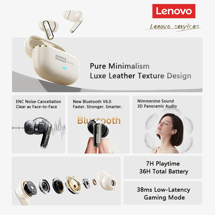 Lenovo Pro LE2 TWS – Bluetooth 6.0 Leather Earbuds, ENC Noise Reduction, 36h Battery Life, 38ms Latency for Gaming 
