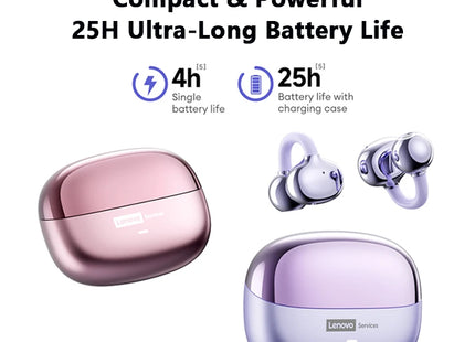 Casque Bluetooth Lenovo Pro LE3  : Réduction de Bruit Active, 25h d'Autonomie, Écouteurs Sport Clip Ear (IPX4, Bluetooth 6.0) - Gris/Violet/Beige/Rose