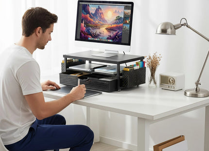 Support de Moniteur Ergonomique à Hauteur Réglable – Organisateur de Bureau 2 Niveaux avec Tiroir et 2 Porte-Stylos – Rehausseur d’Écran pour Ordinateur Portable 10″-20″ – Design Gain de Place – Métal Robust – Pour Bureau, Maison, Étude