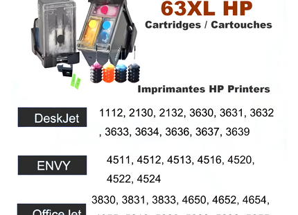 Cartouche d'Encre Rechargeable HP 63XL – Compatible Deskjet 1110, 2130, 3630, ENVY 4520, OfficeJet 4650