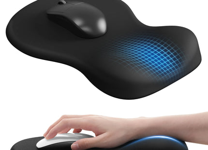 Tapis de Souris Ergonomique avec Repose-Poignet – Noir avec Support de Poignet – Base Dure Antidérapante – Mousse à Mémoire de Forme – Surface Tissu Lisse – Portable pour Bureau / Maison – Caoutchouc Durable