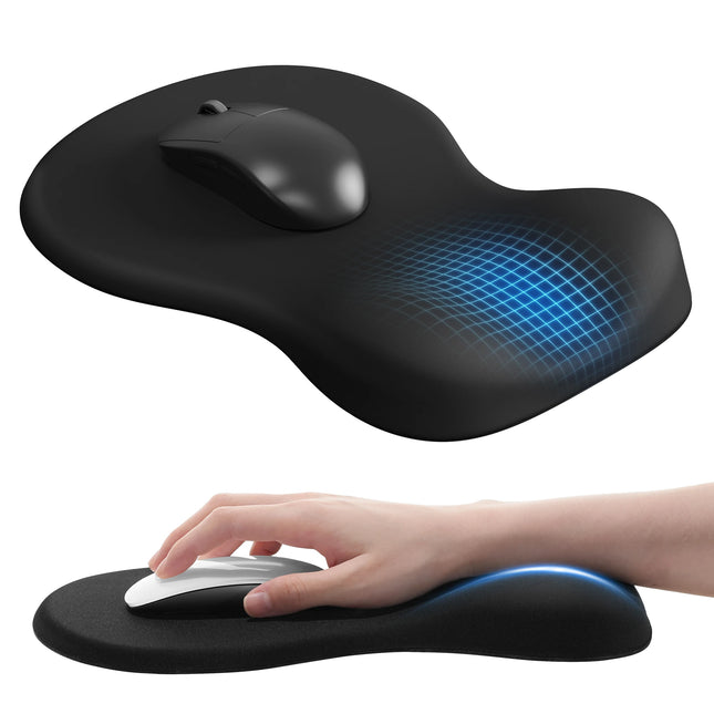 Ergonomic Mouse Pad with Wrist Rest – Black with Wrist Support – Non-Slip Hard Base – Memory Foam – Smooth Fabric Surface – Portable for Office / Home – Durable Rubber