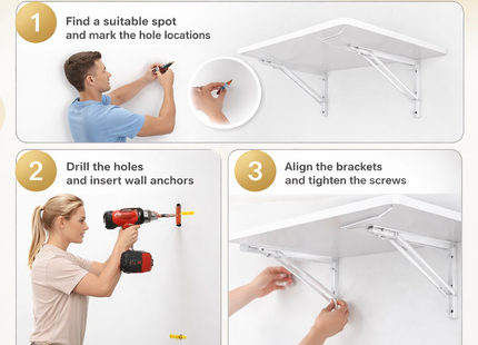 Table Pliante Murale Améliorée – Tailles : 80×40 cm, 100×50 cm, 120×50 cm – Bureau Rabattable avec Supports en Acier Pliants – Surface Imperméable – Charge Jusqu’à 81 kg – Pour Buanderie, Cuisine, Garage, Bureau, Atelier