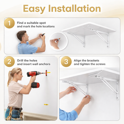 Table Pliante Murale Améliorée – Tailles : 80×40 cm, 100×50 cm, 120×50 cm – Bureau Rabattable avec Supports en Acier Pliants – Surface Imperméable – Charge Jusqu’à 81 kg – Pour Buanderie, Cuisine, Garage, Bureau, Atelier