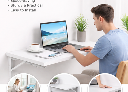 Table Pliante Murale Améliorée – Tailles : 80×40 cm, 100×50 cm, 120×50 cm – Bureau Rabattable avec Supports en Acier Pliants – Surface Imperméable – Charge Jusqu’à 81 kg – Pour Buanderie, Cuisine, Garage, Bureau, Atelier