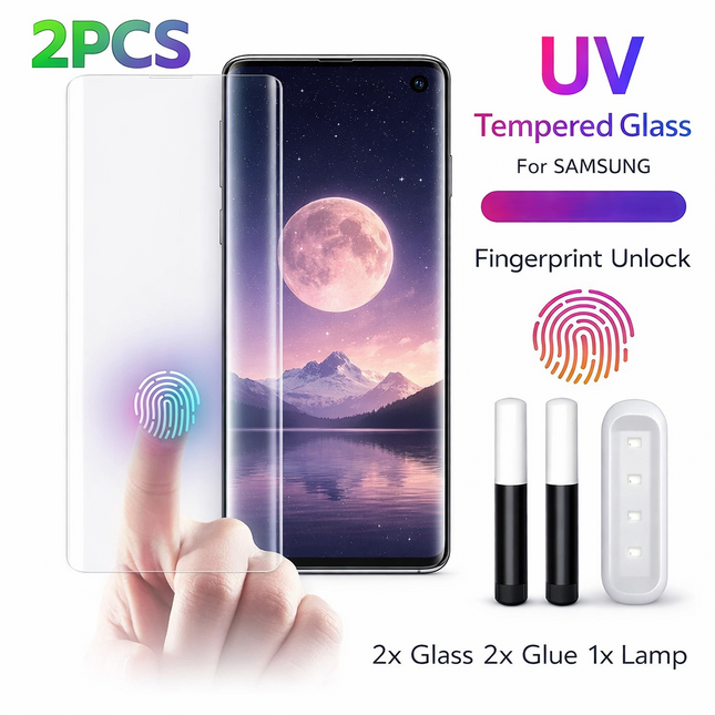 Lot de 2 Protecteurs d'Écran en Verre Trempé 9H – UV Full Glue 3D HD Clear – Compatible Samsung Galaxy S10 à S26 Plus Ultra et Note8 à Note20 Plus Ultra – Bord 5D Curved – Anti-Empreintes – Support Capteur d'Empreintes
