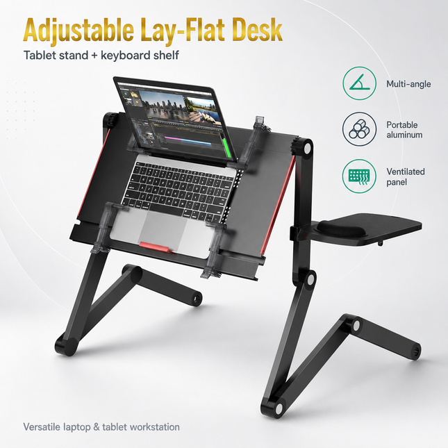 Bureau pour Ordinateur Portable Couché – Support Pliable et Réglable pour Tablette – Table de Lit Mobile – Étagère pour Clavier Intégrée – Aluminium Léger – Indépendant – Pour Lit, Canapé, Bureau