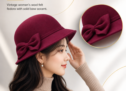 Chapeau Fedora Vintage Femme – Seau Casquette Solide – Nœud en Laine Feutrée – Chapeau d’Hiver et d’Automne – Dôme Feutré – Mariage, Église, Jazz – Melon – Noir, Vin Rouge, Kaki – Taille 56-58 cm