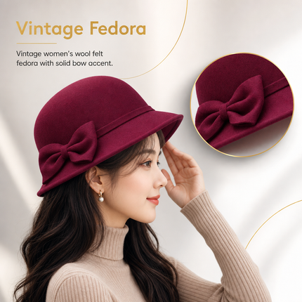 Women's Vintage Fedora Hat – Solid Bucket Cap – Felt Wool Bow – Winter and Autumn Hat – Felt Dome – Wedding, Church, Jazz – Bowler – Black, Wine Red, Khaki – Size 56-58 cm