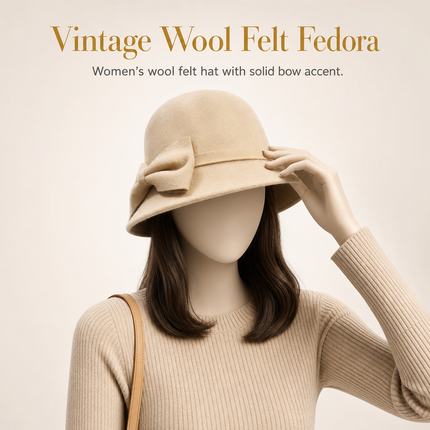 Women's Vintage Fedora Hat – Solid Bucket Cap – Felt Wool Bow – Winter and Autumn Hat – Felt Dome – Wedding, Church, Jazz – Bowler – Black, Wine Red, Khaki – Size 56-58 cm