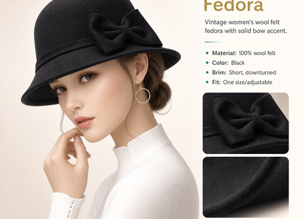 Chapeau Fedora Vintage Femme – Seau Casquette Solide – Nœud en Laine Feutrée – Chapeau d’Hiver et d’Automne – Dôme Feutré – Mariage, Église, Jazz – Melon – Noir, Vin Rouge, Kaki – Taille 56-58 cm