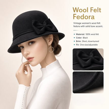 Women's Vintage Fedora Hat – Solid Bucket Cap – Felt Wool Bow – Winter and Autumn Hat – Felt Dome – Wedding, Church, Jazz – Bowler – Black, Wine Red, Khaki – Size 56-58 cm