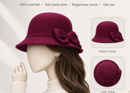 Chapeau Fedora Vintage Femme – Seau Casquette Solide – Nœud en Laine Feutrée – Chapeau d’Hiver et d’Automne – Dôme Feutré – Mariage, Église, Jazz – Melon – Noir, Vin Rouge, Kaki – Taille 56-58 cm
