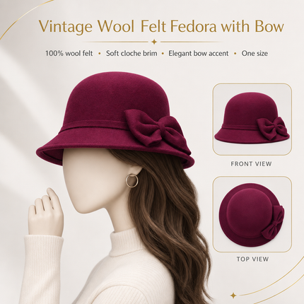 Women's Vintage Fedora Hat – Solid Bucket Cap – Felt Wool Bow – Winter and Autumn Hat – Felt Dome – Wedding, Church, Jazz – Bowler – Black, Wine Red, Khaki – Size 56-58 cm