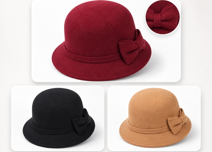 Chapeau Fedora Vintage Femme – Seau Casquette Solide – Nœud en Laine Feutrée – Chapeau d’Hiver et d’Automne – Dôme Feutré – Mariage, Église, Jazz – Melon – Noir, Vin Rouge, Kaki – Taille 56-58 cm