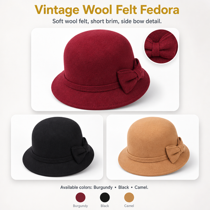 Women's Vintage Fedora Hat – Solid Bucket Cap – Felt Wool Bow – Winter and Autumn Hat – Felt Dome – Wedding, Church, Jazz – Bowler – Black, Wine Red, Khaki – Size 56-58 cm