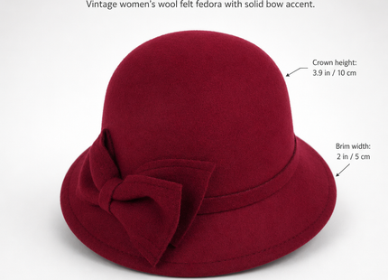 Chapeau Fedora Vintage Femme – Seau Casquette Solide – Nœud en Laine Feutrée – Chapeau d’Hiver et d’Automne – Dôme Feutré – Mariage, Église, Jazz – Melon – Noir, Vin Rouge, Kaki – Taille 56-58 cm