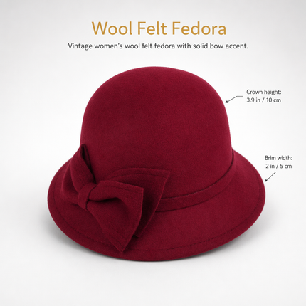 Women's Vintage Fedora Hat – Solid Bucket Cap – Felt Wool Bow – Winter and Autumn Hat – Felt Dome – Wedding, Church, Jazz – Bowler – Black, Wine Red, Khaki – Size 56-58 cm