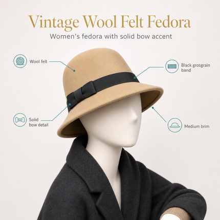 Women's Vintage Fedora Hat – Solid Bucket Cap – Felt Wool Bow – Winter and Autumn Hat – Felt Dome – Wedding, Church, Jazz – Bowler – Black, Wine Red, Khaki – Size 56-58 cm
