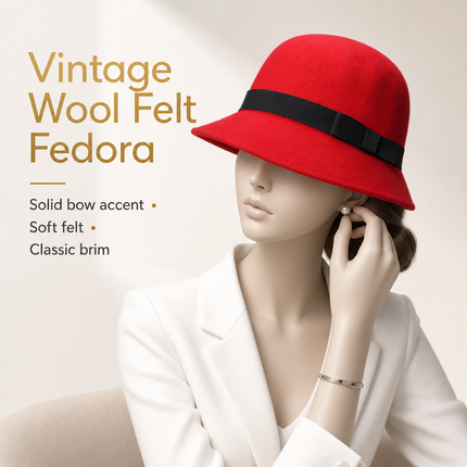 Women's Vintage Fedora Hat – Solid Bucket Cap – Felt Wool Bow – Winter and Autumn Hat – Felt Dome – Wedding, Church, Jazz – Bowler – Black, Wine Red, Khaki – Size 56-58 cm