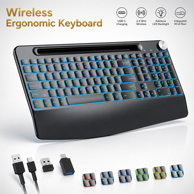 Clavier Sans Fil Rétroéclairé 7 Couleurs – Ergonomique Pleine Taille avec Repose-Poignet – Support pour Téléphone – Rechargeable USB-C – Batterie 1500 mAh – Touches Silencieuses – Compatible Windows, Mac, Chromebook – Certifié CE/FCC/ROHS