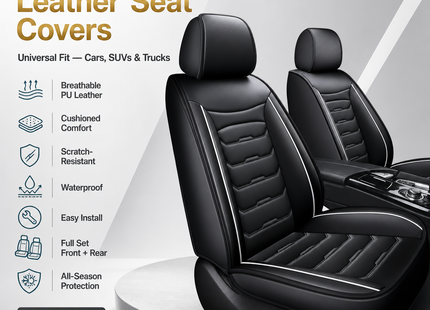 Housses de Siège de Voiture en Cuir Véritable 5 Places – Toutes Saisons – Universelles – Adaptées aux Voitures, SUV, Camions – Accessoires Intérieurs Automobiles Durables de Qualité Supérieure – Fibre Synthétique – Remplissage Coton