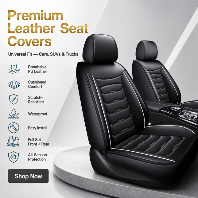 Housses de Siège de Voiture en Cuir Véritable 5 Places – Toutes Saisons – Universelles – Adaptées aux Voitures, SUV, Camions – Accessoires Intérieurs Automobiles Durables de Qualité Supérieure – Fibre Synthétique – Remplissage Coton
