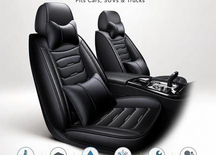 Housses de Siège de Voiture en Cuir Véritable 5 Places – Toutes Saisons – Universelles – Adaptées aux Voitures, SUV, Camions – Accessoires Intérieurs Automobiles Durables de Qualité Supérieure – Fibre Synthétique – Remplissage Coton