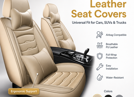 Housses de Siège de Voiture en Cuir Véritable 5 Places – Toutes Saisons – Universelles – Adaptées aux Voitures, SUV, Camions – Accessoires Intérieurs Automobiles Durables de Qualité Supérieure – Fibre Synthétique – Remplissage Coton