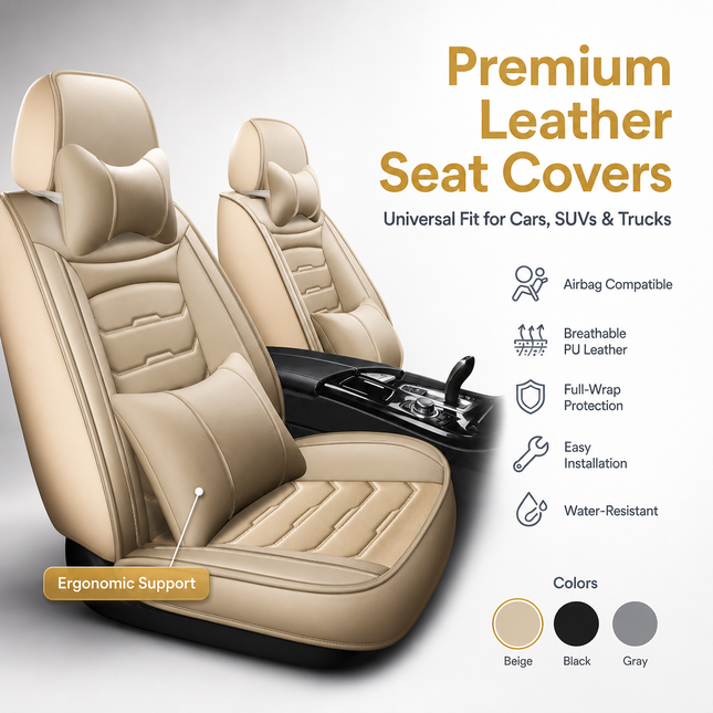 Housses de Siège de Voiture en Cuir Véritable 5 Places – Toutes Saisons – Universelles – Adaptées aux Voitures, SUV, Camions – Accessoires Intérieurs Automobiles Durables de Qualité Supérieure – Fibre Synthétique – Remplissage Coton
