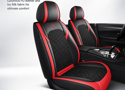 Housses de Siège de Voiture 5 Places Premium – Cuir PU – Tissu en Soie Glacée – Couverture Complète – Appui-Tête Fendu – Antidérapant – Durable – Ajustement Universel – 95% des Voitures