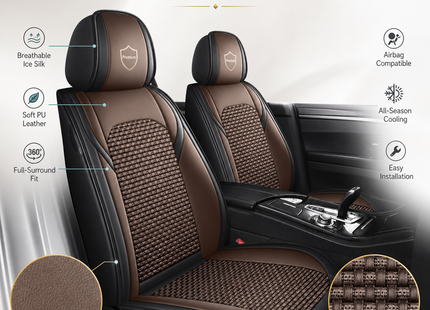 Housses de Siège de Voiture 5 Places Premium – Cuir PU – Tissu en Soie Glacée – Couverture Complète – Appui-Tête Fendu – Antidérapant – Durable – Ajustement Universel – 95% des Voitures