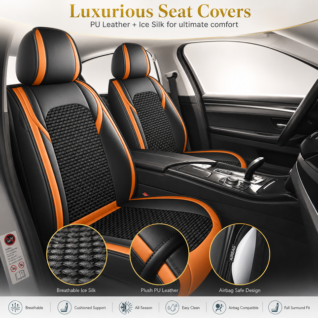 Housses de Siège de Voiture 5 Places Premium – Cuir PU – Tissu en Soie Glacée – Couverture Complète – Appui-Tête Fendu – Antidérapant – Durable – Ajustement Universel – 95% des Voitures