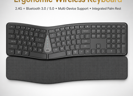 Clavier Ergonomique Sans Fil 2,4 GHz – Conception Divisée Naturelle – Repose-Poignets Intégré – Inclinaisons Réglables – 111 Touches avec Pavé Numérique – Touches Silencieuses et Réactives – Rechargeable – Compatible PC, Mac, Tablet