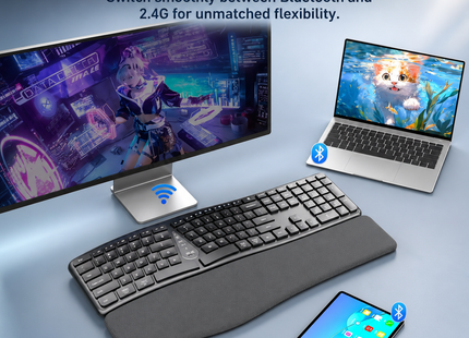 Clavier Ergonomique Sans Fil 2,4 GHz – Conception Divisée Naturelle – Repose-Poignets Intégré – Inclinaisons Réglables – 111 Touches avec Pavé Numérique – Touches Silencieuses et Réactives – Rechargeable – Compatible PC, Mac, Tablet
