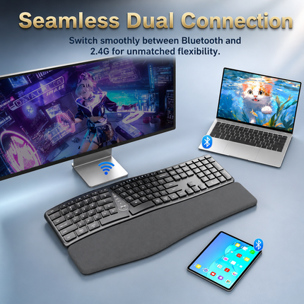 2.4 GHz Wireless Ergonomic Keyboard – Natural Split Design – Integrated Wrist Rest – Adjustable Tilts – 111 Keys with Numeric Keypad – Silent and Responsive Keys – Rechargeable – Compatible with PC, Mac, Tablet