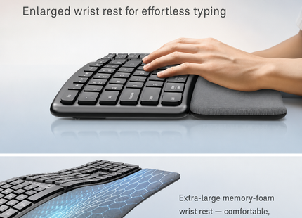 Clavier Ergonomique Sans Fil 2,4 GHz – Conception Divisée Naturelle – Repose-Poignets Intégré – Inclinaisons Réglables – 111 Touches avec Pavé Numérique – Touches Silencieuses et Réactives – Rechargeable – Compatible PC, Mac, Tablet