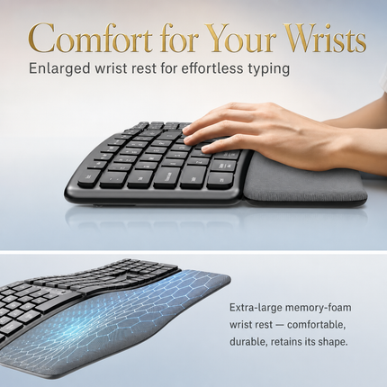 2.4 GHz Wireless Ergonomic Keyboard – Natural Split Design – Integrated Wrist Rest – Adjustable Tilts – 111 Keys with Numeric Keypad – Silent and Responsive Keys – Rechargeable – Compatible with PC, Mac, Tablet