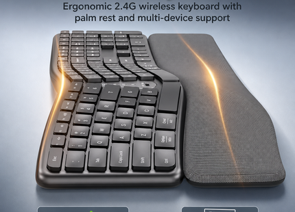 Clavier Ergonomique Sans Fil 2,4 GHz – Conception Divisée Naturelle – Repose-Poignets Intégré – Inclinaisons Réglables – 111 Touches avec Pavé Numérique – Touches Silencieuses et Réactives – Rechargeable – Compatible PC, Mac, Tablet