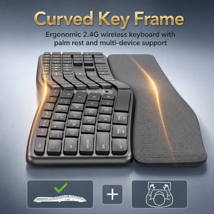 2.4 GHz Wireless Ergonomic Keyboard – Natural Split Design – Integrated Wrist Rest – Adjustable Tilts – 111 Keys with Numeric Keypad – Silent and Responsive Keys – Rechargeable – Compatible with PC, Mac, Tablet