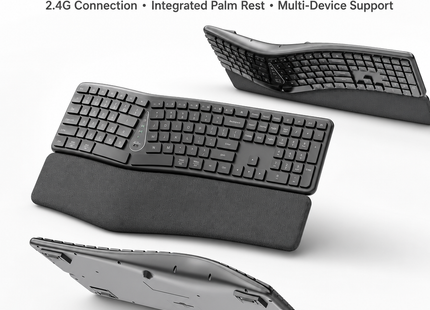 Clavier Ergonomique Sans Fil 2,4 GHz – Conception Divisée Naturelle – Repose-Poignets Intégré – Inclinaisons Réglables – 111 Touches avec Pavé Numérique – Touches Silencieuses et Réactives – Rechargeable – Compatible PC, Mac, Tablet