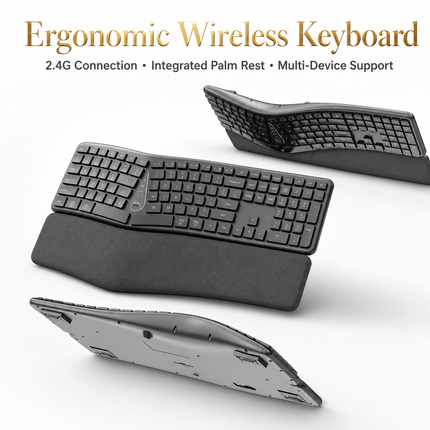 2.4 GHz Wireless Ergonomic Keyboard – Natural Split Design – Integrated Wrist Rest – Adjustable Tilts – 111 Keys with Numeric Keypad – Silent and Responsive Keys – Rechargeable – Compatible with PC, Mac, Tablet