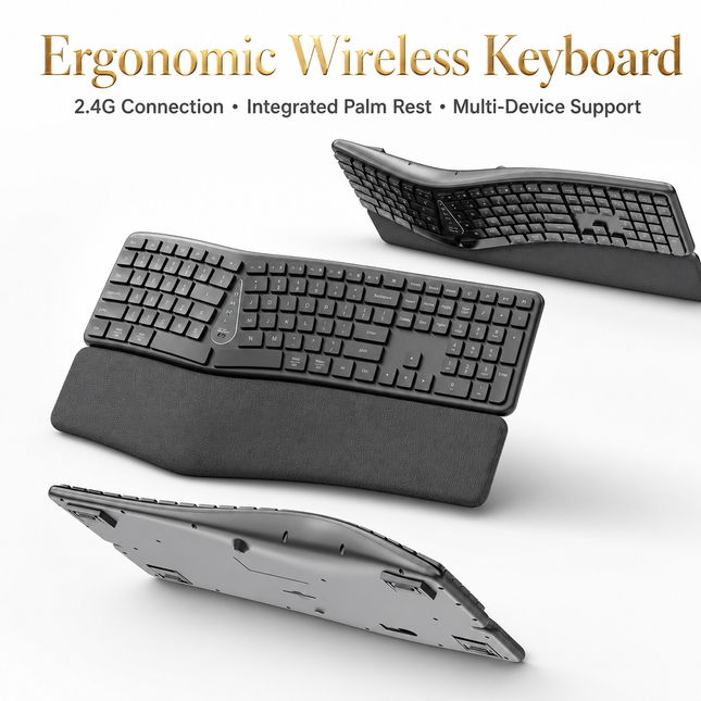 Clavier Ergonomique Sans Fil 2,4 GHz – Conception Divisée Naturelle – Repose-Poignets Intégré – Inclinaisons Réglables – 111 Touches avec Pavé Numérique – Touches Silencieuses et Réactives – Rechargeable – Compatible PC, Mac, Tablet