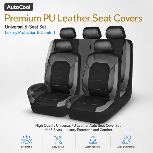 Housse de Siège de Voiture Universelle en Cuir PU – Ensemble Complet 9 Pièces – Luxe – 5 Sièges – Haute Qualité – Protection Complète 5 Places pour Voitures, SUV, Camions, Fourgonnettes