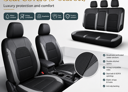 Housse de Siège de Voiture Universelle en Cuir PU – Ensemble Complet 9 Pièces – Luxe – 5 Sièges – Haute Qualité – Protection Complète 5 Places pour Voitures, SUV, Camions, Fourgonnettes