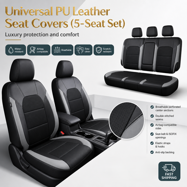 Housse de Siège de Voiture Universelle en Cuir PU – Ensemble Complet 9 Pièces – Luxe – 5 Sièges – Haute Qualité – Protection Complète 5 Places pour Voitures, SUV, Camions, Fourgonnettes